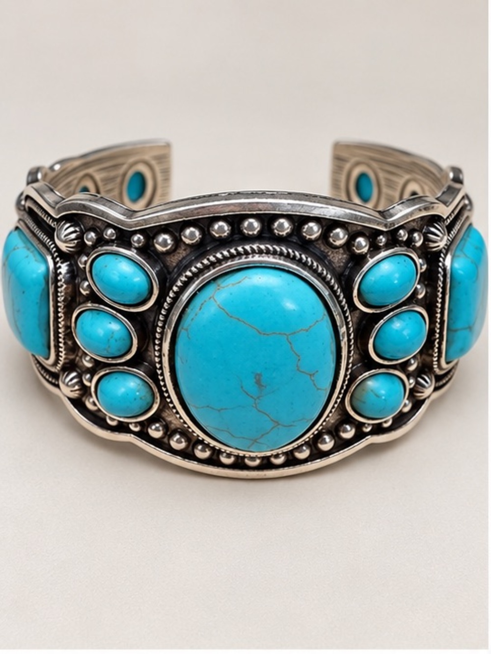 Turquoise Stone Colored Silver Toned Cuff Bracelet